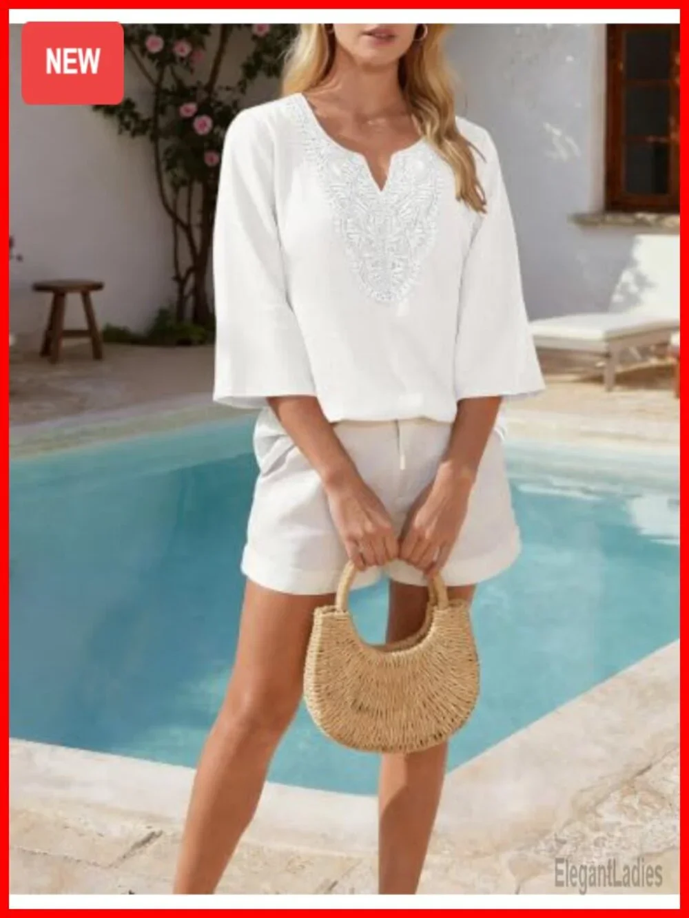 Linen Blend Boho Blouse 3/4 Sleeve V-Neck Casual Summer Top